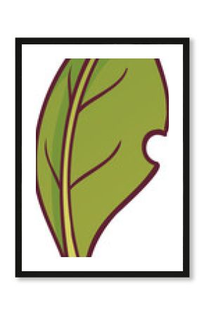 Vector-style green leaf is appearing on transparent background, showcasing maroon outline and veins