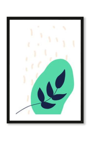 Flat design is featuring mint green blob with navy leaf branch floating on transparent background