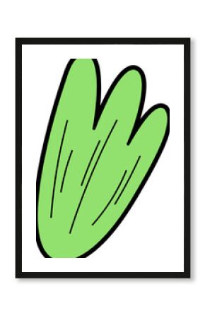 Flat design green leaf shape floating on transparent background with black border and thin accents