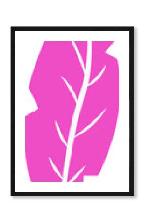Magenta-pink flat vector leaf is showing white stem and veins on transparent background, copy space