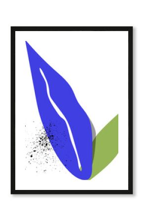 Flat design showing blue ribbon rising and green leaf with ink splatter on transparent background