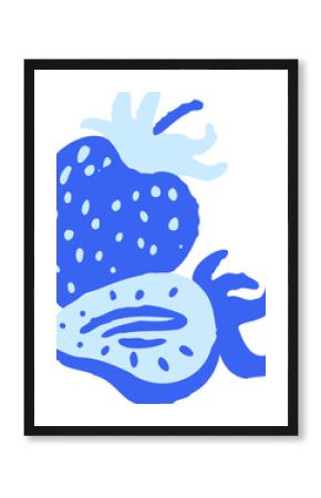 Showing flat duotone strawberries with whole berry sliced piece leaf and stem on transparent canvas
