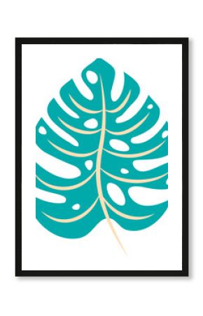 Showing vector art of broad teal tropical leaf with cream veins on transparent backdrop, copy space