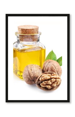 walnut oil and nuts on white background.