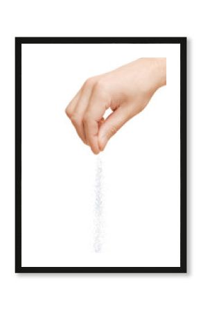 Hand adding salt on a white background