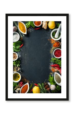 Herbs and spices over black stone background