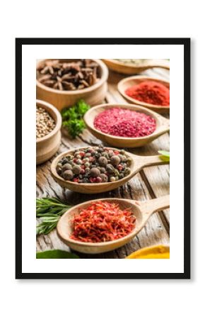 Assortment of colorful spices in the wooden spoons.