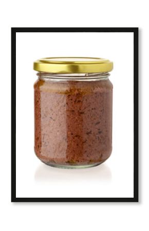 Glass jar of black olive paste