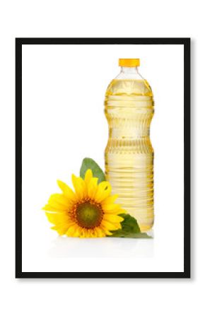 Bottle of sunflower oil with flower isolated on white background