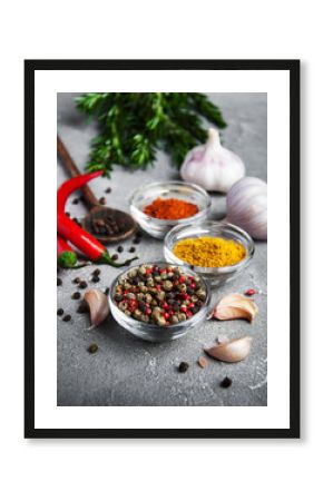 Different kind of spices in bowls