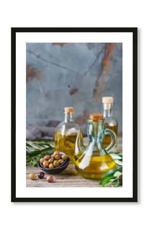 Assortment of fresh organic extra virgin olive oil in bottles