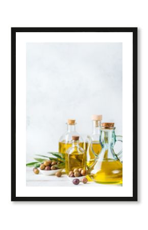 Assortment of fresh organic extra virgin olive oil in bottles