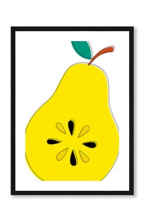 Flat pear half showing seeds with yellow highlights, green leaf, brown stem, transparent background