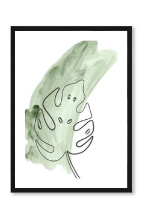 Combining green watercolor wash and black line-art, showing Monstera leaf on transparent background