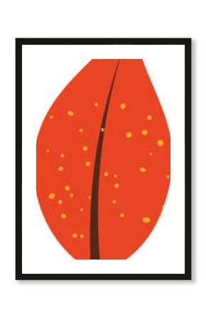 Flat vector is showing red-orange leaf floating on transparent background, with yellow speckles