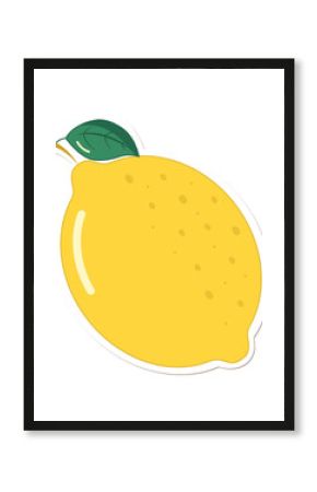 Flat design showing bright yellow lemon with green leaf and white outline on transparent background