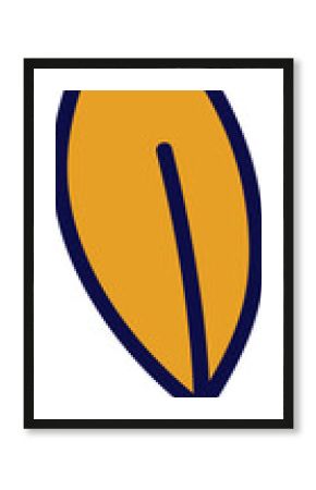Stylized leaf is showing flat style with navy outline, central vein on transparent background