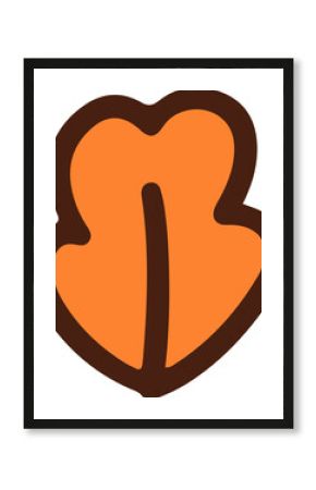 Stylized leaf is showing orange fill and brown outline in flat design on transparent background