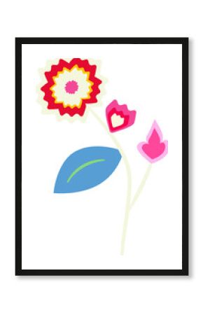 Showing flat vector floral with jagged cream-red flower, pink buds, blue leaf, transparent backdrop