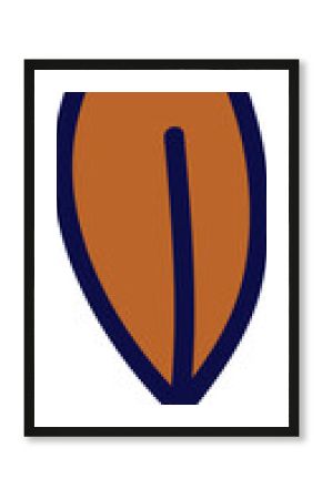 Flat design leaf is showing orange fill, navy outline, curved stem, vein, transparent background