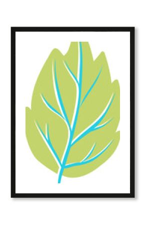 Stylized light green leaf is showing bright blue veins in flat style on transparent backdrop