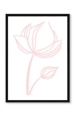 Botanical line art is showing pink flower bloom and bud on curved stem with transparent background