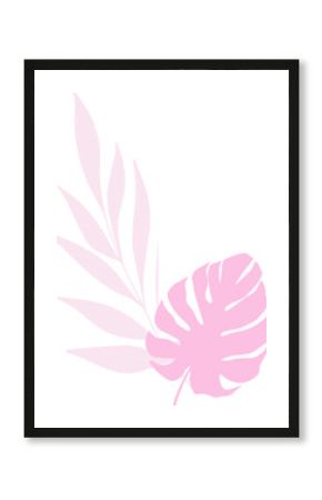 Showing stylized monstera leaf and palm frond illustration in pastel pink on transparent background