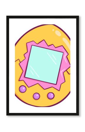 Flat egg-shaped toy is floating on transparent background with mint green screen and purple buttons