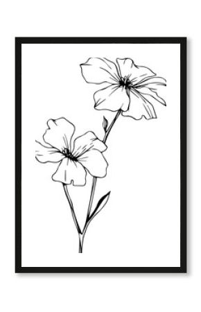 Pair of black line-art flowers are growing on stems with bud and leaf, transparent background