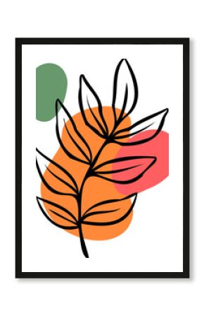 Stylized leaf branch is floating on transparent backdrop in flat design with orange red green blobs