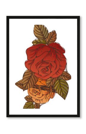 Two styled roses with brown green leaves are appearing in vector art on transparent background