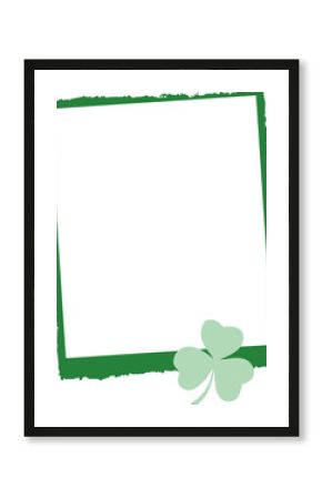 Rough-edged green square frame is showing pale three-leaf clover on clear background, copy space