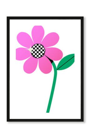 Pink daisy is standing on transparent backdrop in flat design with checkerboard core and green leaf