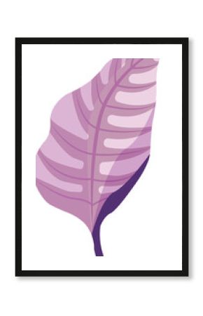 Flat vector pink-purple leaf is displaying central vein and oval markings on transparent background