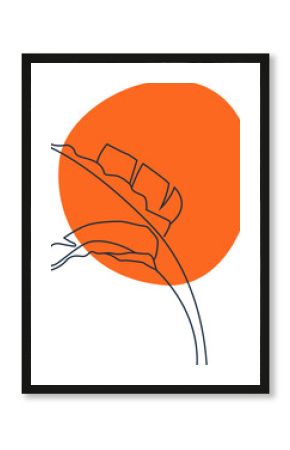 Stylized tropical leaf is floating in flat design over orange shape, transparent background