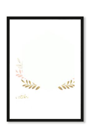 Hexagon frame in flat design is featuring leaf motifs and confetti dots on transparent background