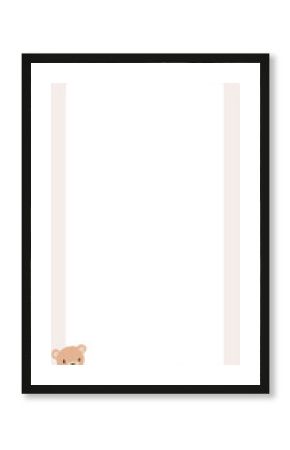 Flat baby-themed frame is showing toy motifs and leaf sprigs on transparent background, copy space