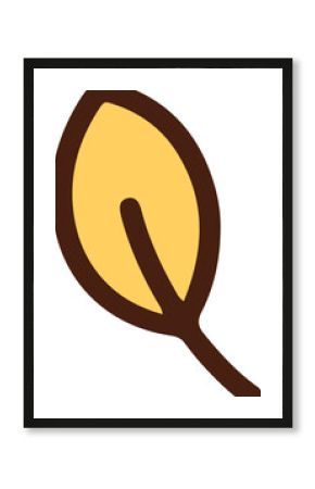 Stylized yellow leaf is floating in flat design with brown border, vein and transparent background