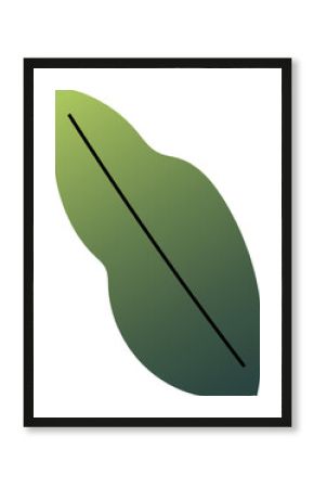 Abstract green leaf shape is floating in flat design with black diagonal vein on transparent canvas