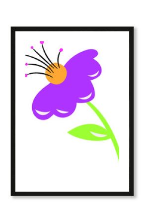 Flat purple flower is showing petals, orange disc and green leaf, transparent background copy space