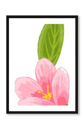 Showing flat design of pink five-petal bloom, yellow stamens and green leaf on transparent backdrop