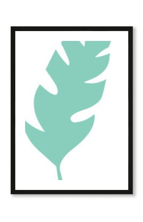 Turquoise green leaf silhouette is floating over transparent background, in flat design style