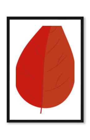 Stylized leaf is showing two-tone red orange in flat design with veins on transparent background