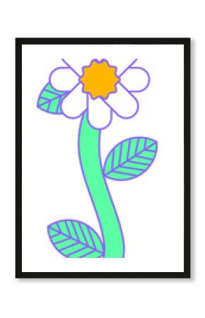 Minimalist vector flower is showing white petals green stem striped leaves on transparent backdrop