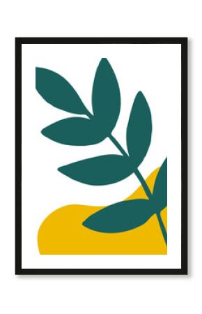 Six-leaf dark teal branch is floating over yellow shape in flat design on transparent background