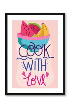 cooking fruits in bowl cartoon style lettering