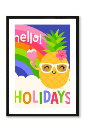 Cute cartoon pineapple with rainbow background . Illustration design for summer holidays concept.