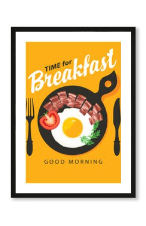 Vector banner on the theme of Breakfast time with cutlery, scrambled egg, appetizing bacon and tomato on a black frying pan on a yellow background. Morning menu for a food and drink cafe in flat style