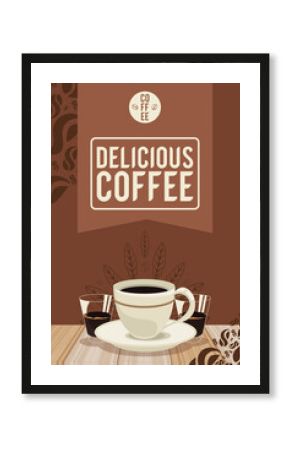 delicious coffee lettering with cup