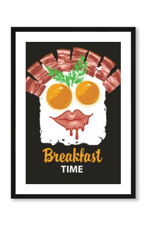 Vector banner in the form of a funny face with two fried eggs, delicious fried bacon and dill on a black background. Food and drink menu or flyer in retro style with the inscription Breakfast time